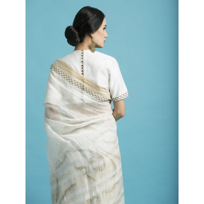 Saksham & Neharicka Ivory Embroidered Linen Silk Saree With Blouse Piece
