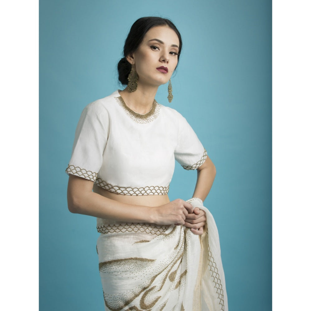 Saksham & Neharicka Ivory Embroidered Linen Silk Saree With Blouse Piece