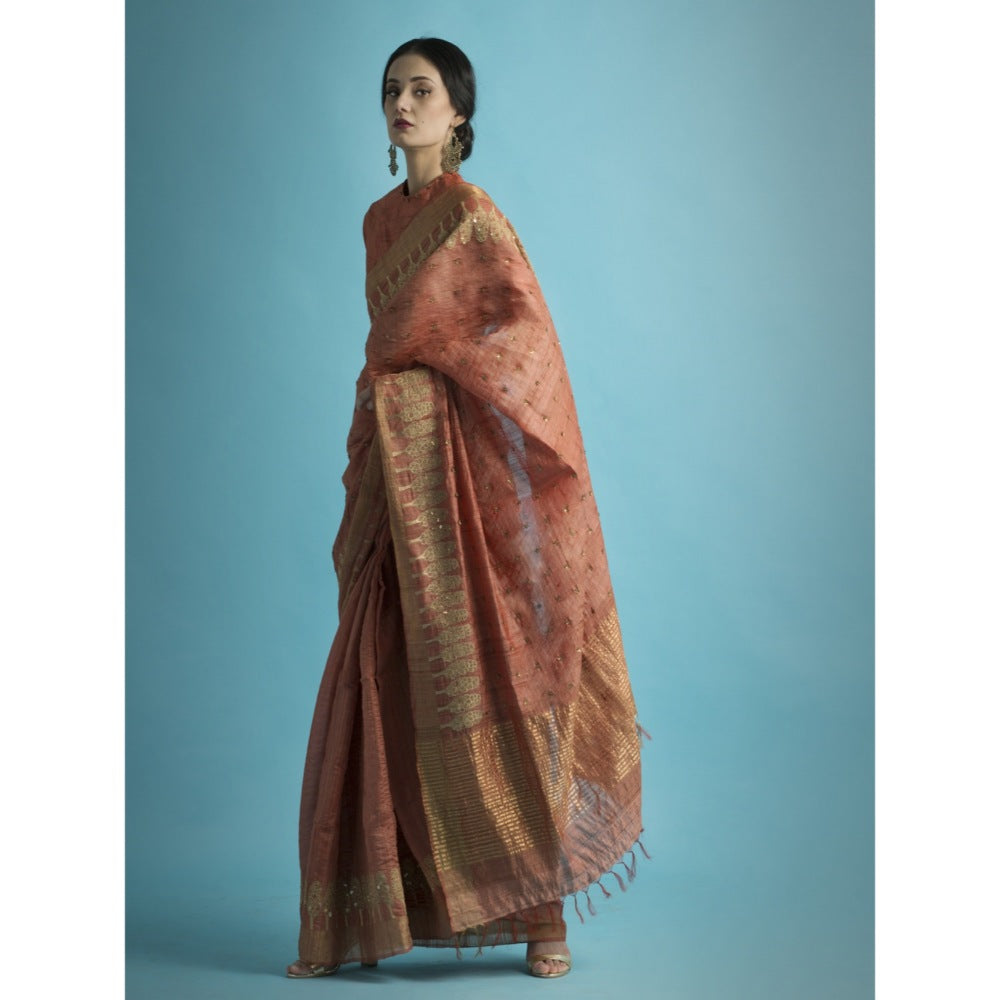 Saksham & Neharicka Salmon Embroidered Silk Saree With Blouse Piece