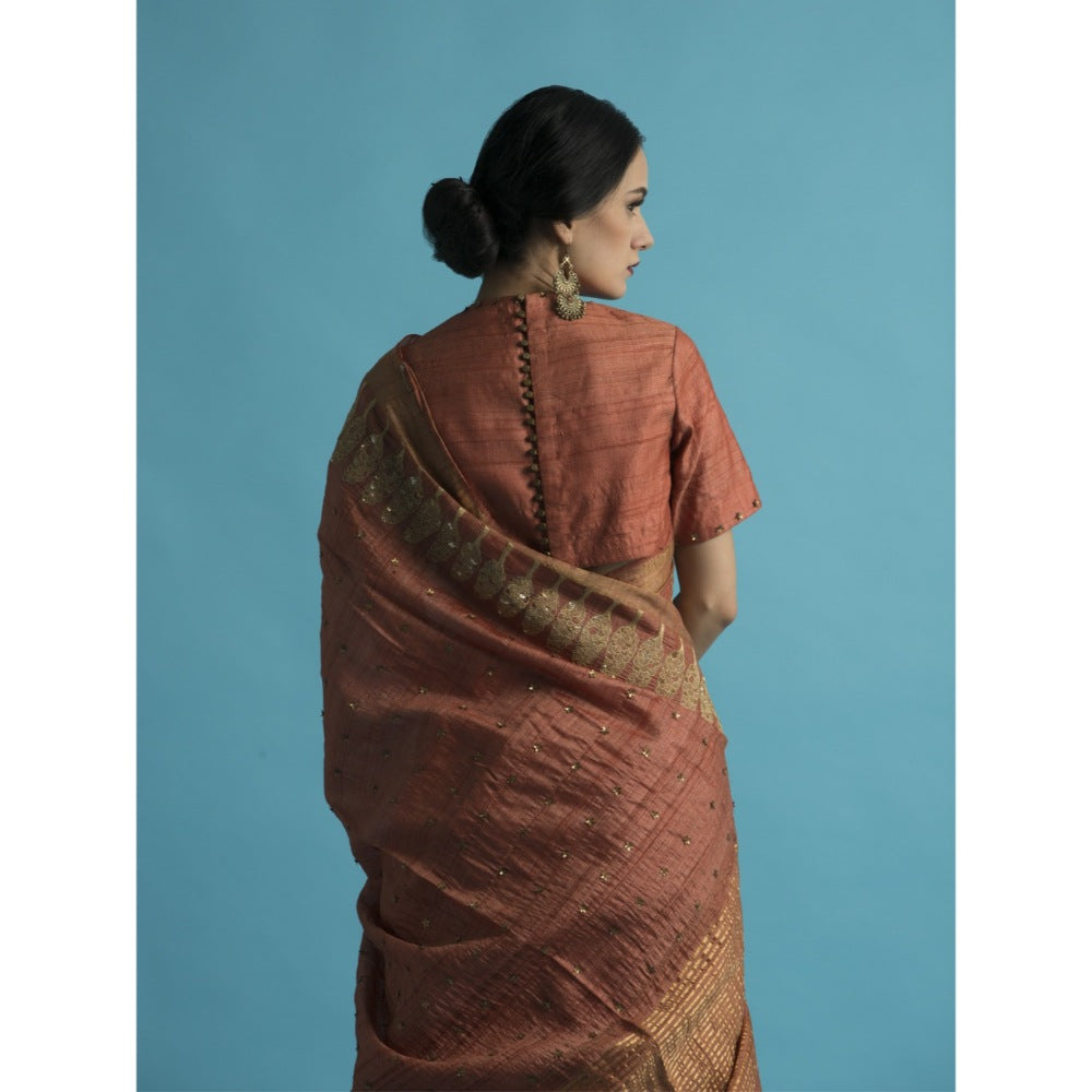 Saksham & Neharicka Salmon Embroidered Silk Saree With Blouse Piece