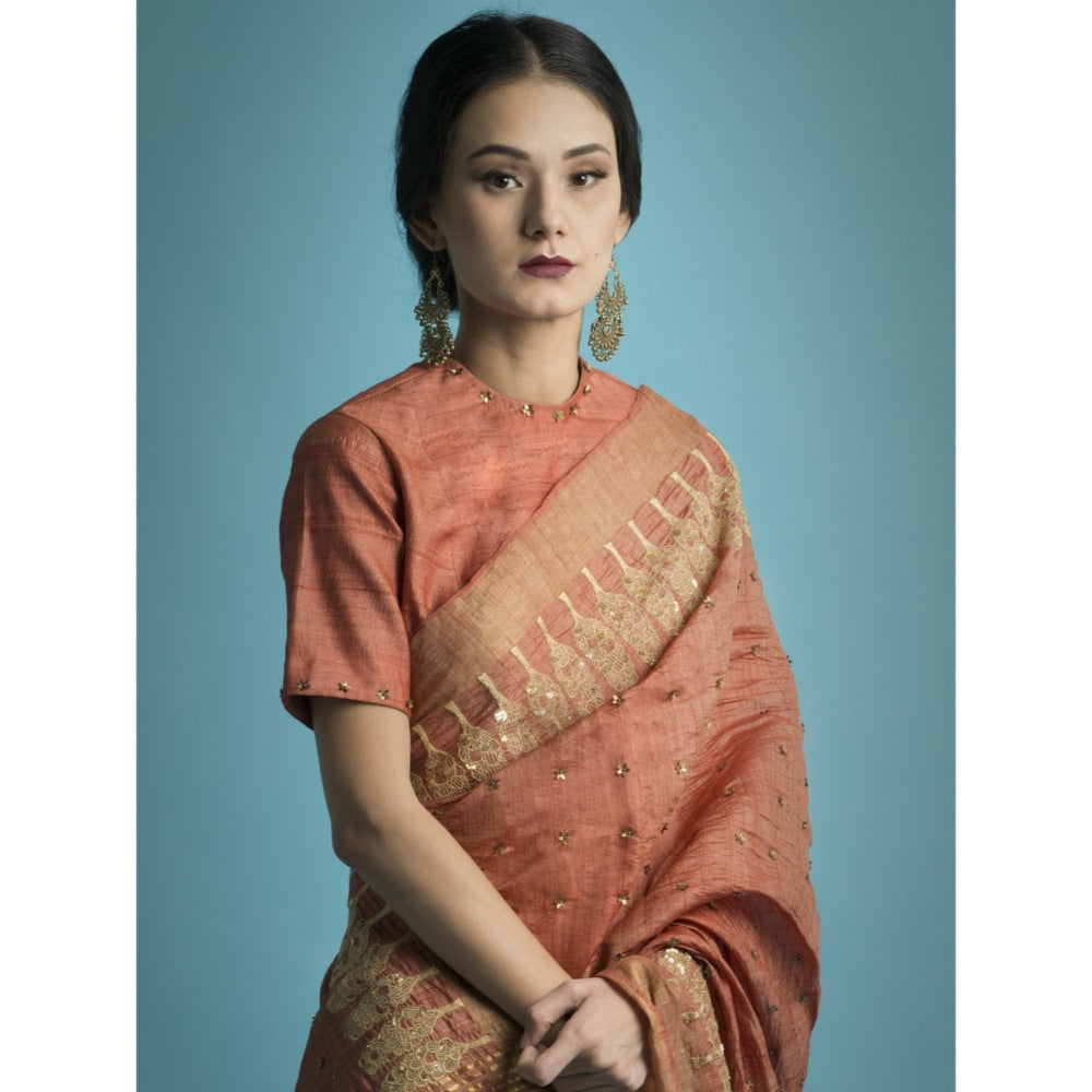 Saksham & Neharicka Salmon Embroidered Silk Saree With Blouse Piece