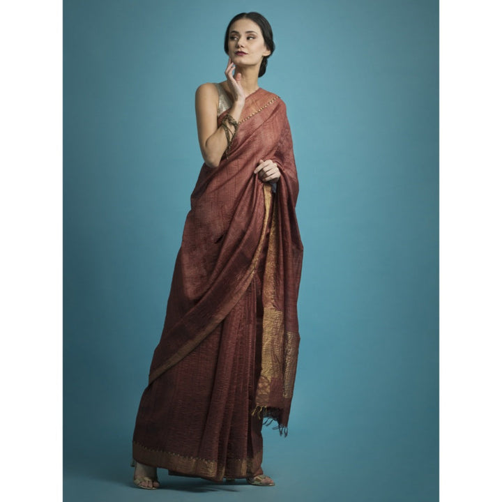 Saksham & Neharicka Rust Embroidered Silk Saree With Blouse Piece