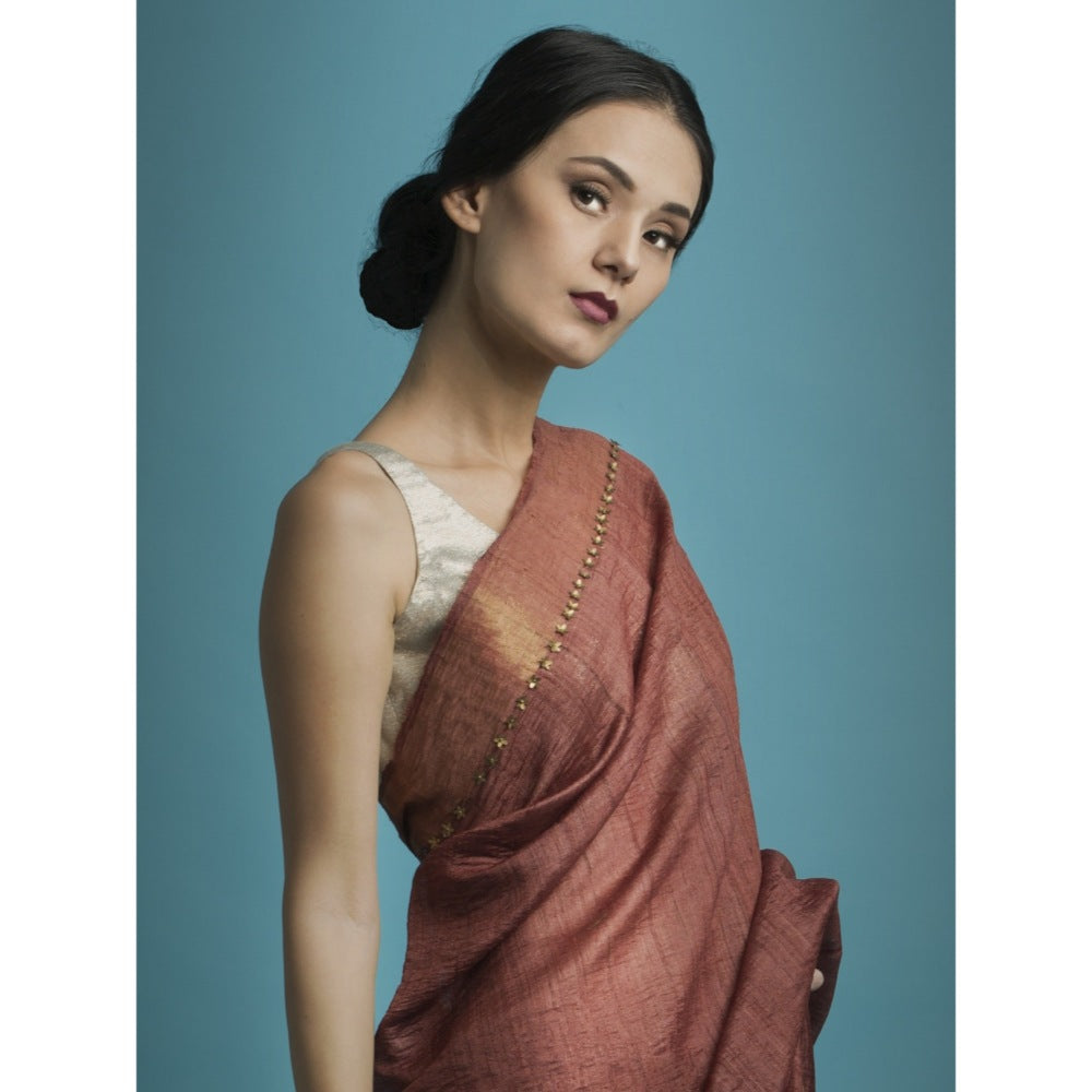 Saksham & Neharicka Rust Embroidered Silk Saree With Blouse Piece