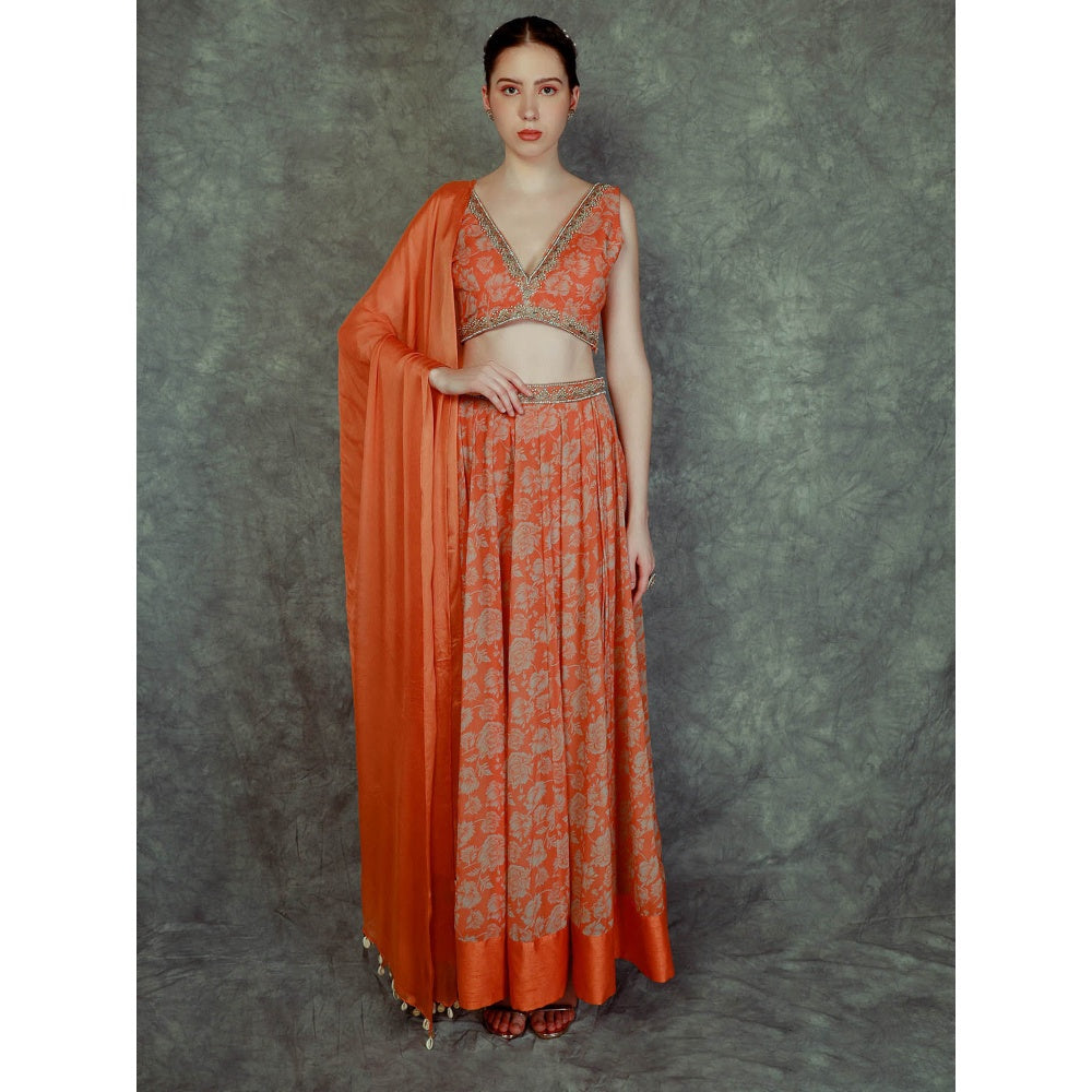 Neha Khullar Printed Lehenga - Orange (Set of 3)