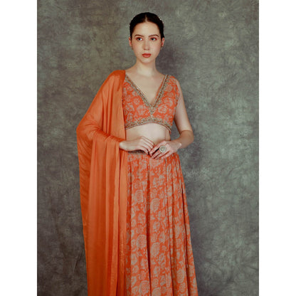 Neha Khullar Printed Lehenga - Orange (Set of 3)