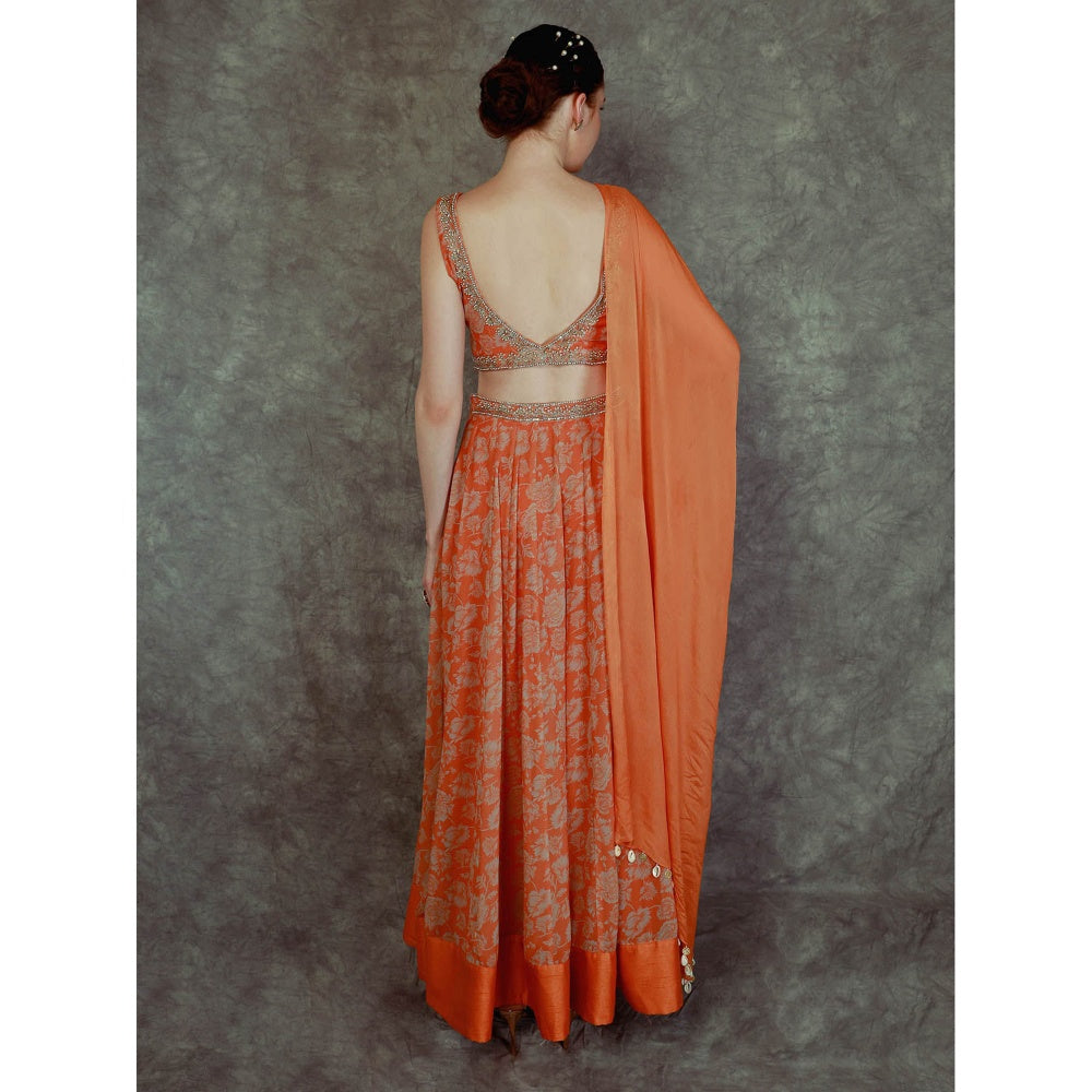 Neha Khullar Printed Lehenga - Orange (Set of 3)