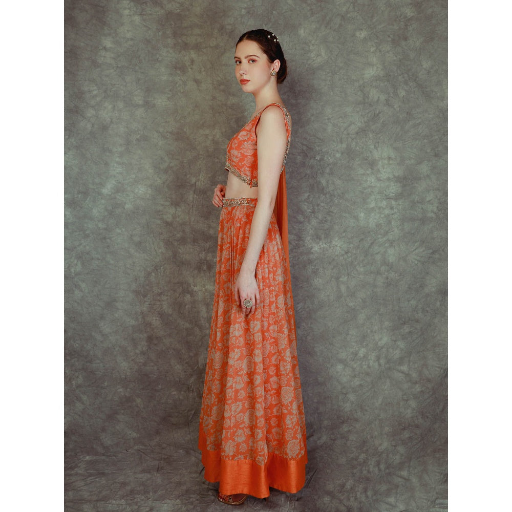 Neha Khullar Printed Lehenga - Orange (Set of 3)