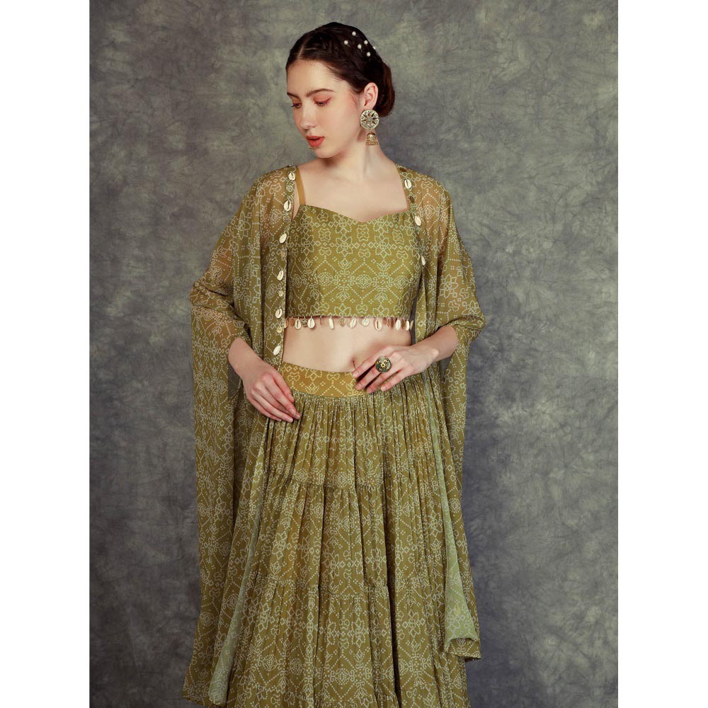 Neha Khullar Printed Lehenga Cape - Green (Set of 3)