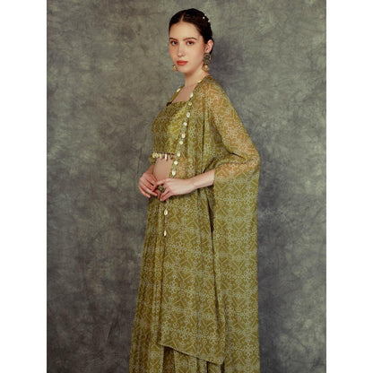 Neha Khullar Printed Lehenga Cape - Green (Set of 3)
