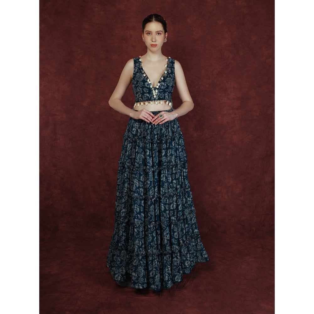 Neha Khullar Printed Lehenga - Navy Blue (Set of 3)