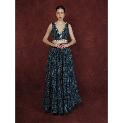 Neha Khullar Printed Lehenga - Navy Blue (Set of 3)