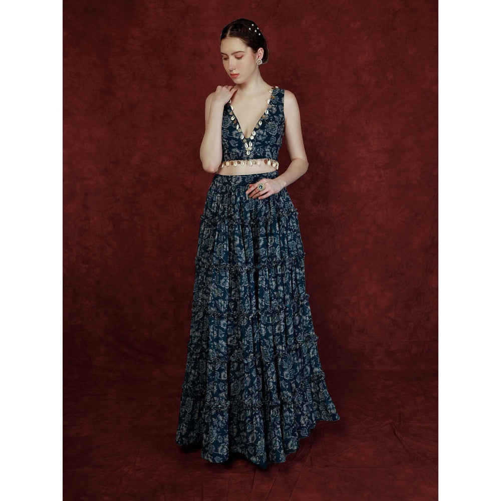 Neha Khullar Printed Lehenga - Navy Blue (Set of 3)