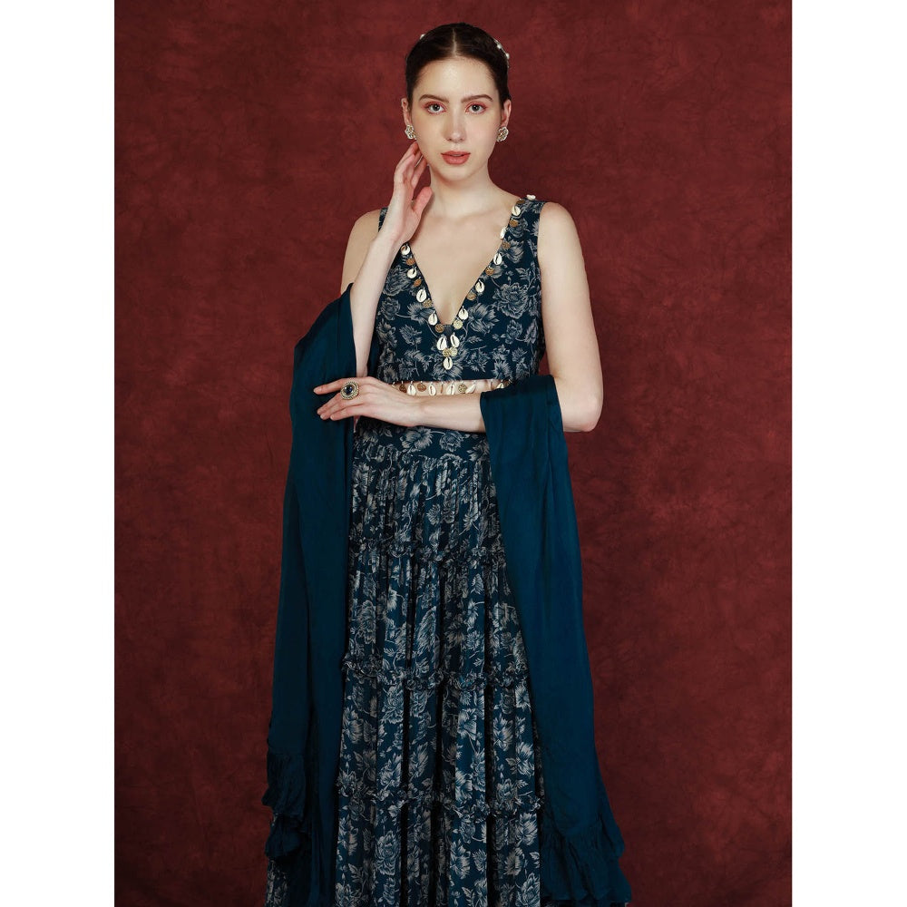 Neha Khullar Printed Lehenga - Navy Blue (Set of 3)