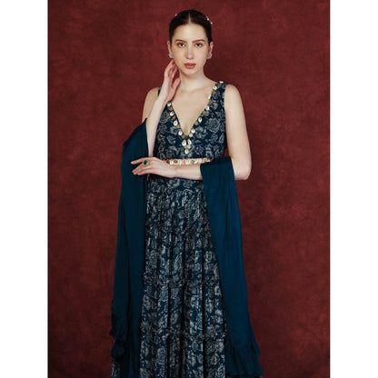 Neha Khullar Printed Lehenga - Navy Blue (Set of 3)