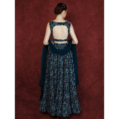 Neha Khullar Printed Lehenga - Navy Blue (Set of 3)