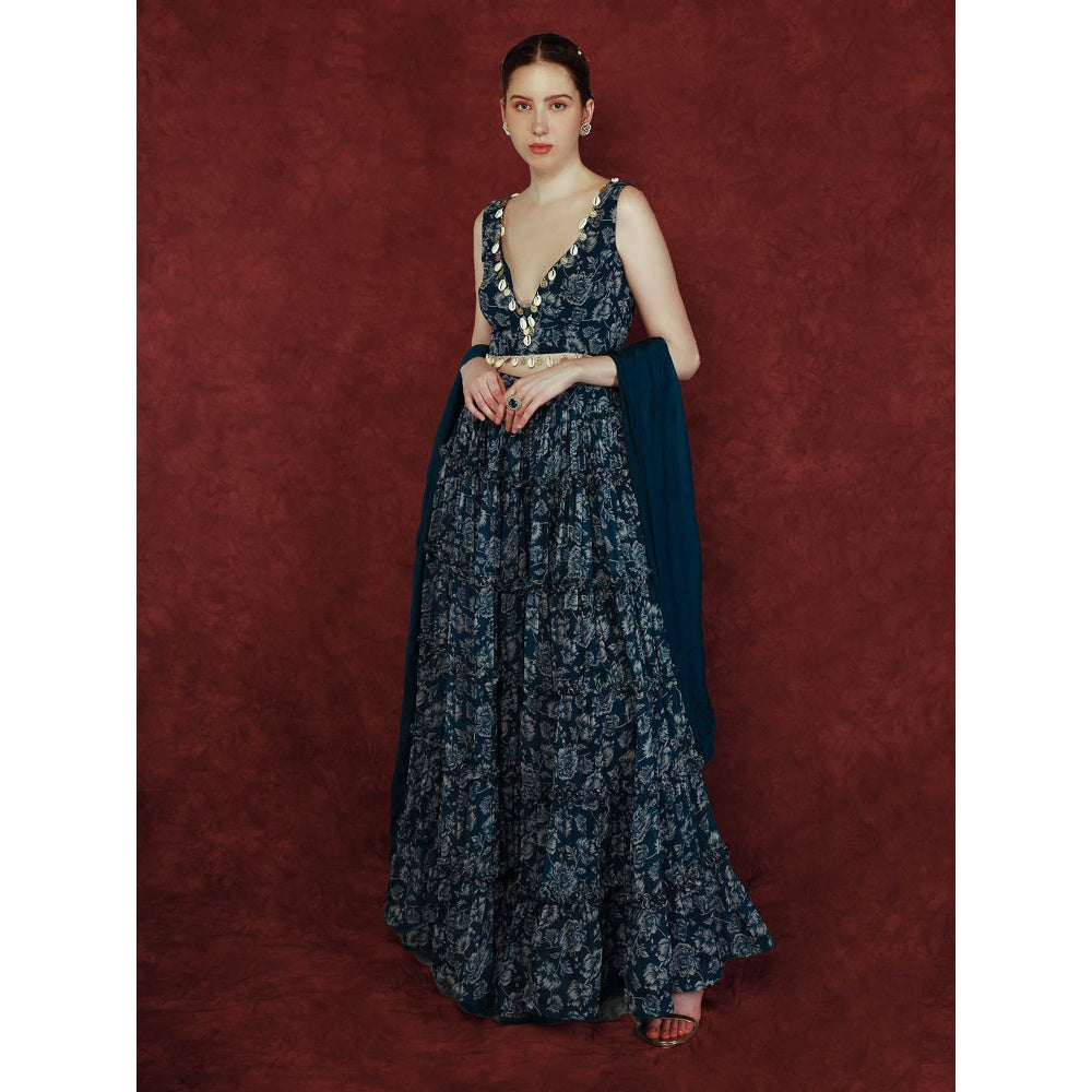 Neha Khullar Printed Lehenga - Navy Blue (Set of 3)