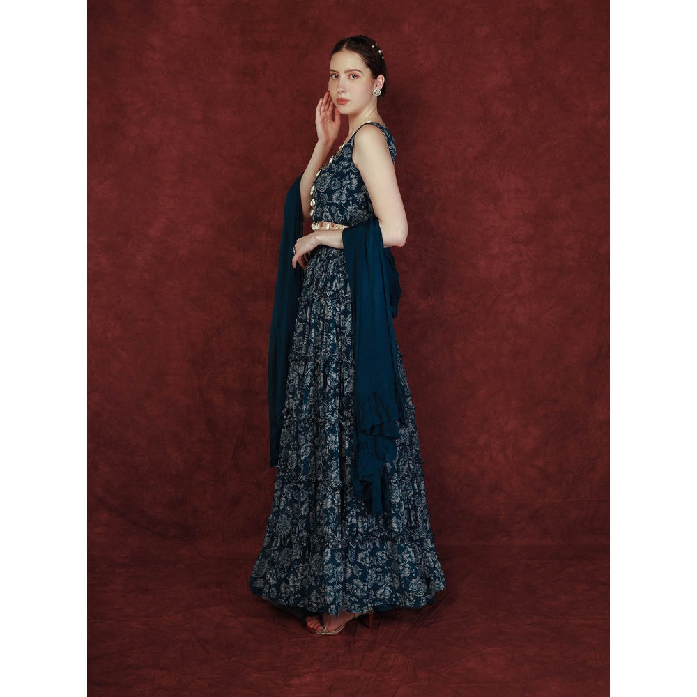 Neha Khullar Printed Lehenga - Navy Blue (Set of 3)