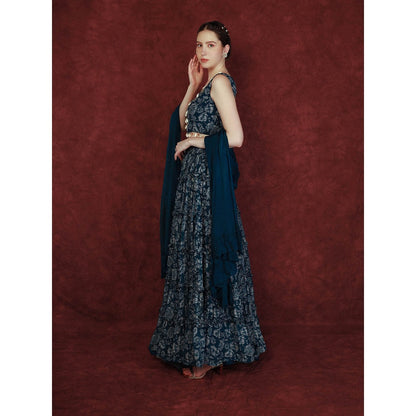 Neha Khullar Printed Lehenga - Navy Blue (Set of 3)