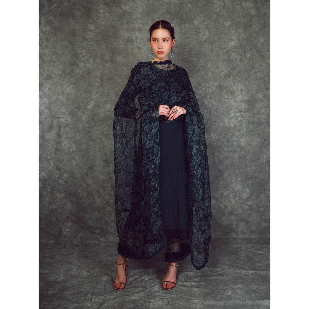 Neha Khullar Chanderi Kurta - Navy Blue (Set of 3)