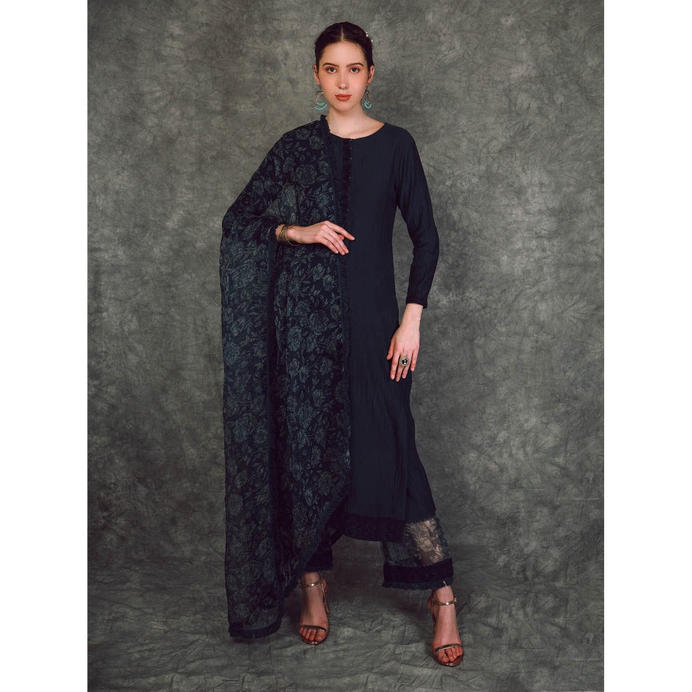 Neha Khullar Chanderi Kurta - Navy Blue (Set of 3)