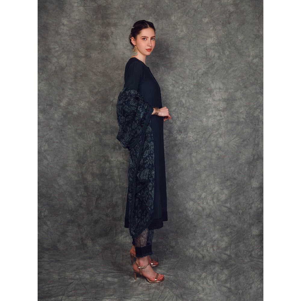 Neha Khullar Chanderi Kurta - Navy Blue (Set of 3)