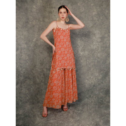 Neha Khullar Tangerine Printed Sharara - Orange (Set of 3)