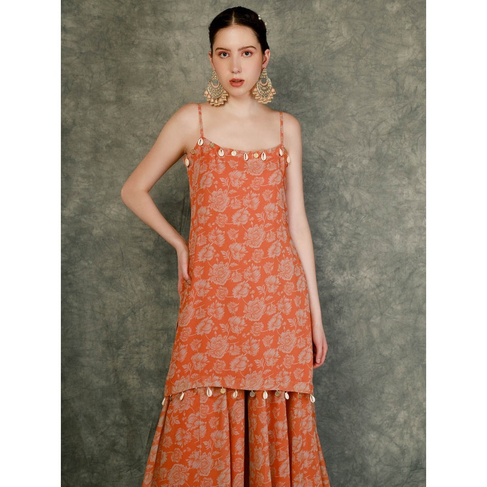 Neha Khullar Tangerine Printed Sharara - Orange (Set of 3)