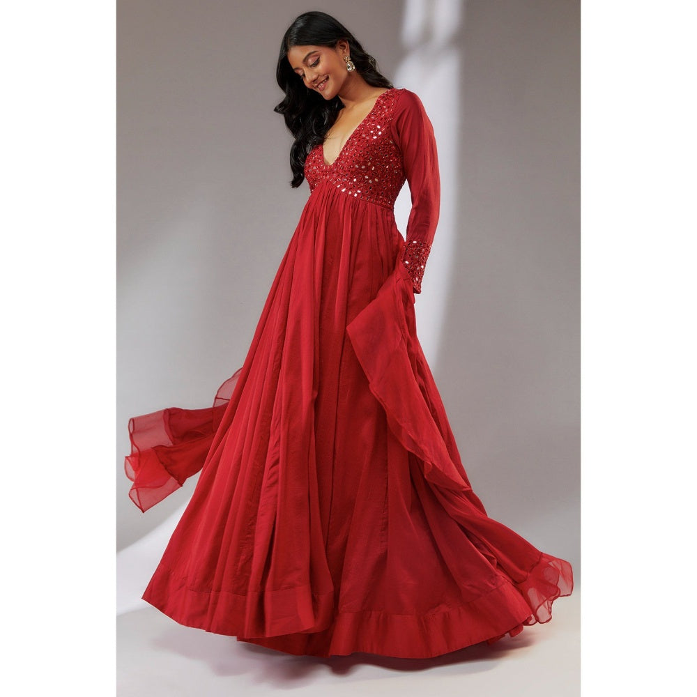 Neha Khullar Chanderi Silk Maroon Embellished Anarkali Kurta With Dupatta (Set of 2)