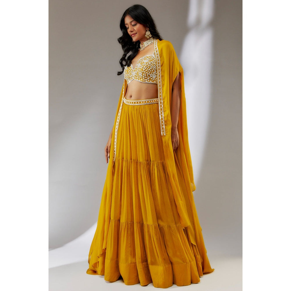 Neha Khullar Chiffon Yellow Embellished Lehenga with Choli and Cape (Set of 3)