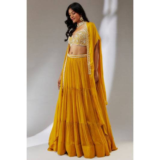 Neha Khullar Chiffon Yellow Embellished Lehenga with Choli and Cape (Set of 3)
