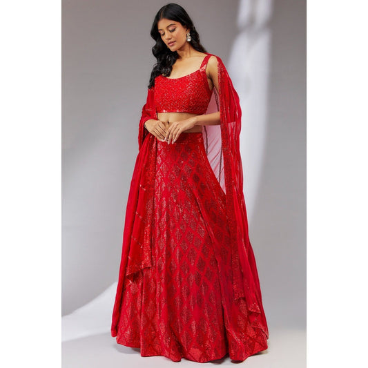 Neha Khullar Georgette Red Embellished Lehenga (Set of 3)