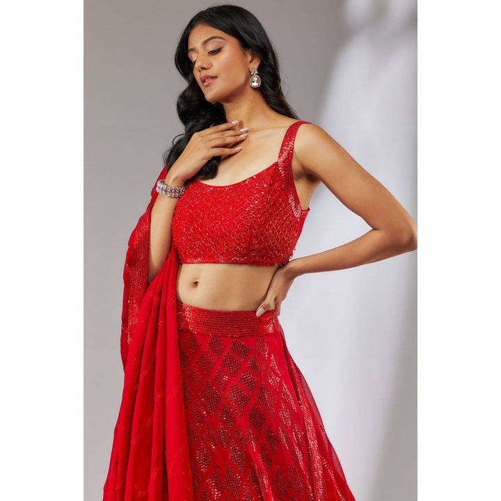 Neha Khullar Georgette Red Embellished Lehenga (Set of 3)
