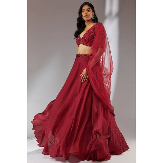 Neha Khullar Satin Wine Embellished Lehenga (Set of 3)