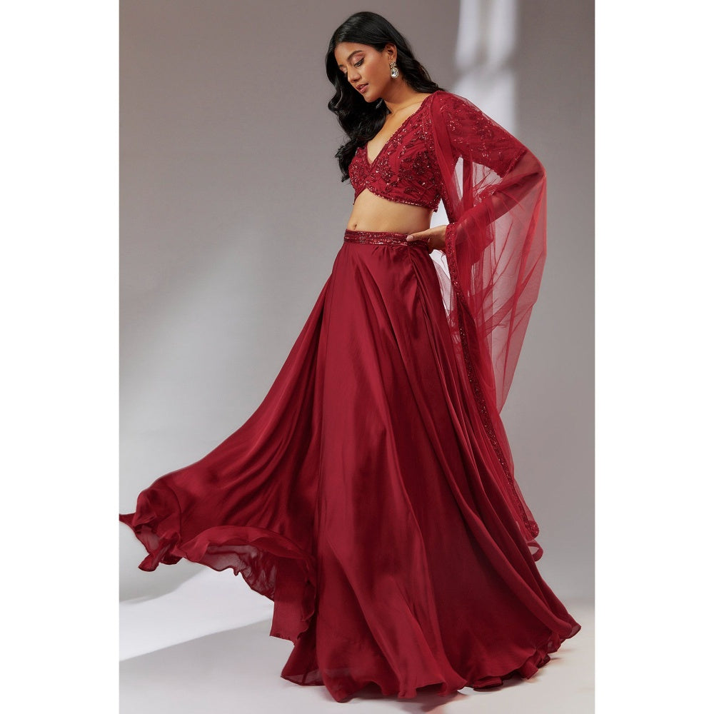 Neha Khullar Satin Wine Embellished Lehenga (Set of 3)