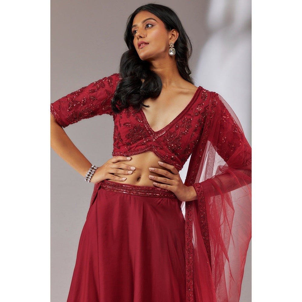 Neha Khullar Satin Wine Embellished Lehenga (Set of 3)