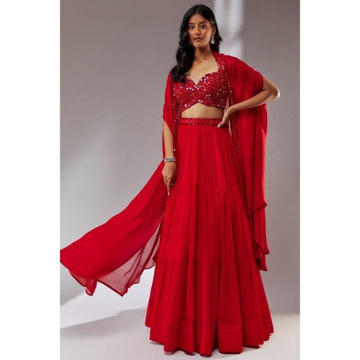 Neha Khullar Chiffon Red Embellished Lehenga (Set of 3)