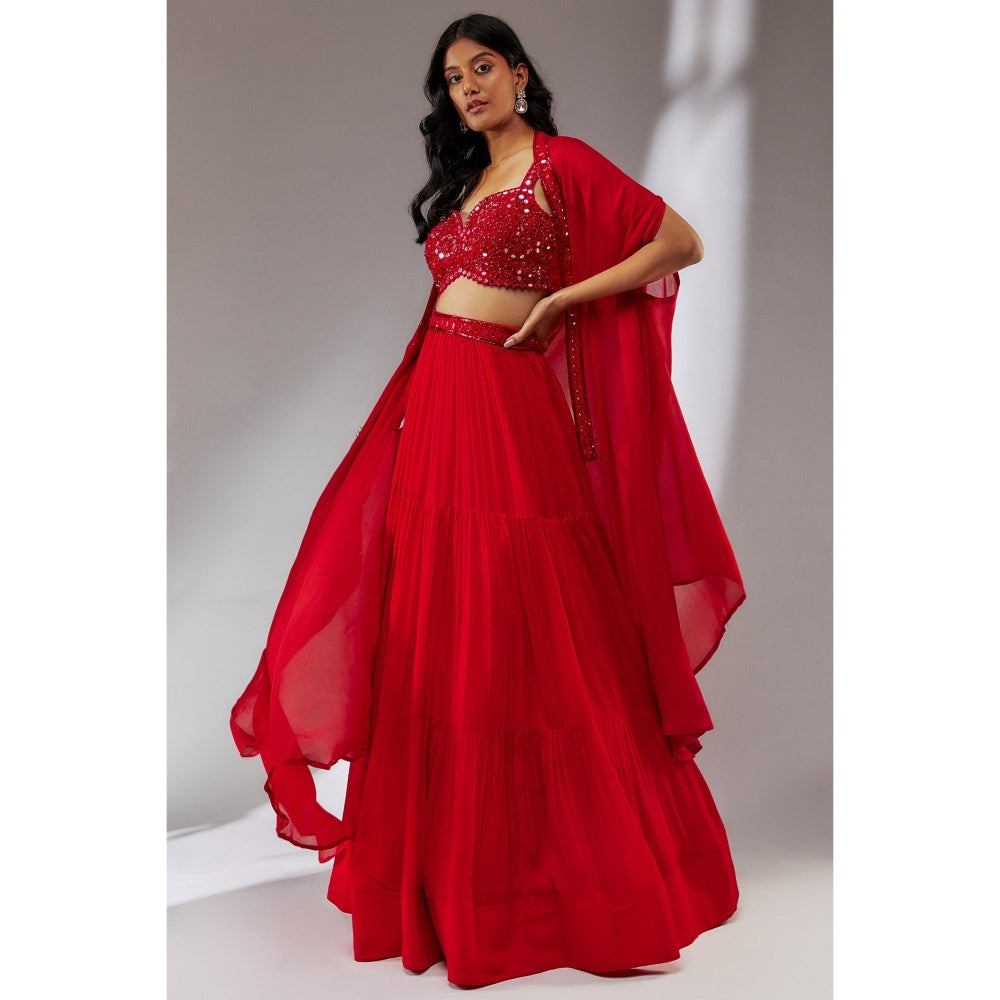 Neha Khullar Chiffon Red Embellished Lehenga (Set of 3)