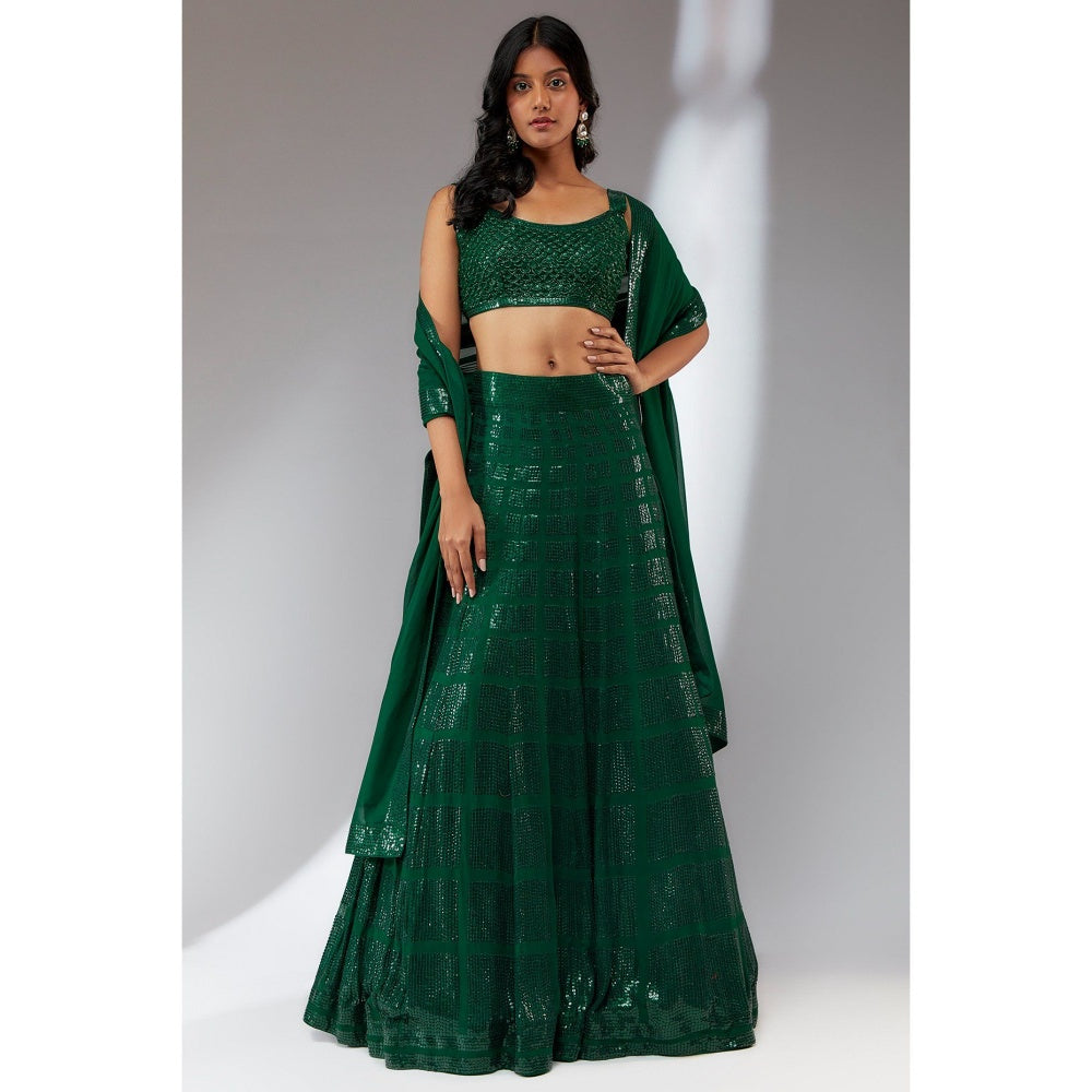 Neha Khullar Georgette Green Beads and Stones Embellished Lehenga (Set of 3)
