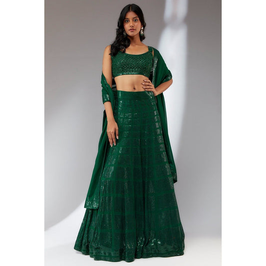 Neha Khullar Georgette Green Beads and Stones Embellished Lehenga (Set of 3)