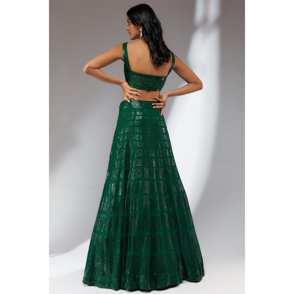 Neha Khullar Georgette Green Beads and Stones Embellished Lehenga (Set of 3)