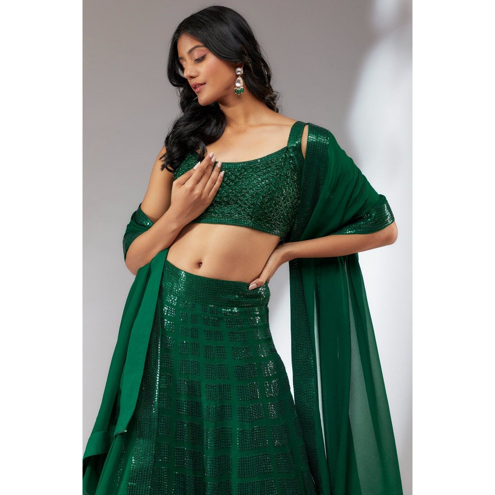 Neha Khullar Georgette Green Beads and Stones Embellished Lehenga (Set of 3)