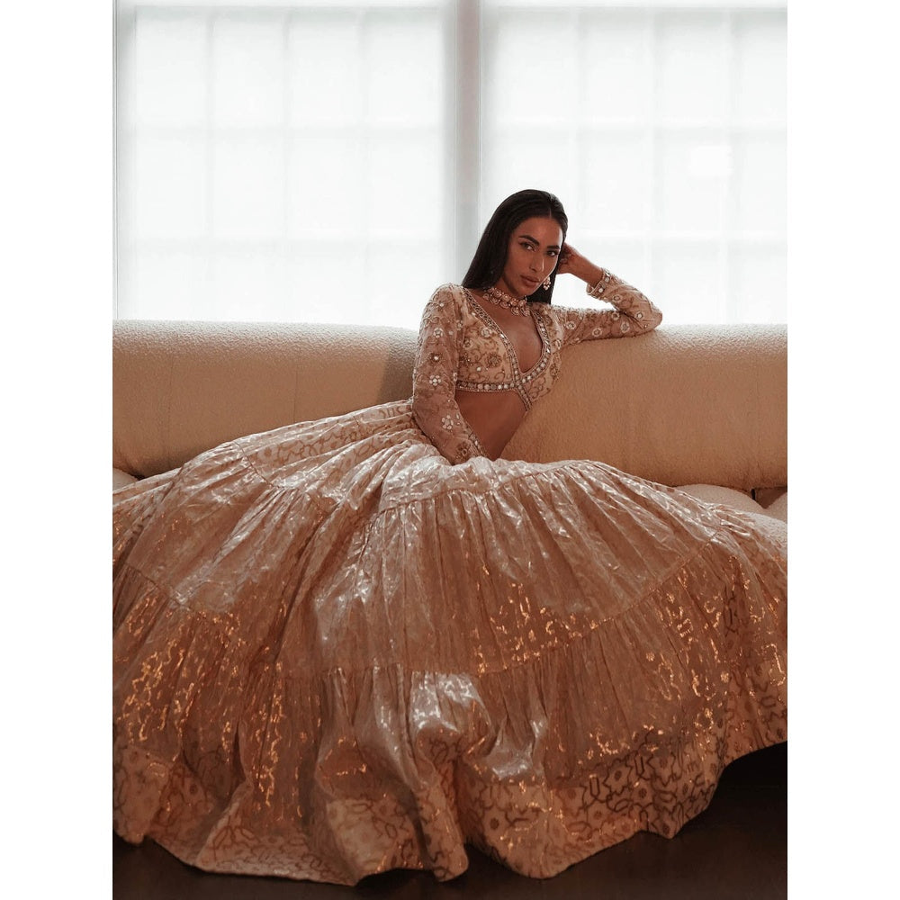 Neha Khullar Off White Banarasi Chanderi Lehenga (Set of 3)