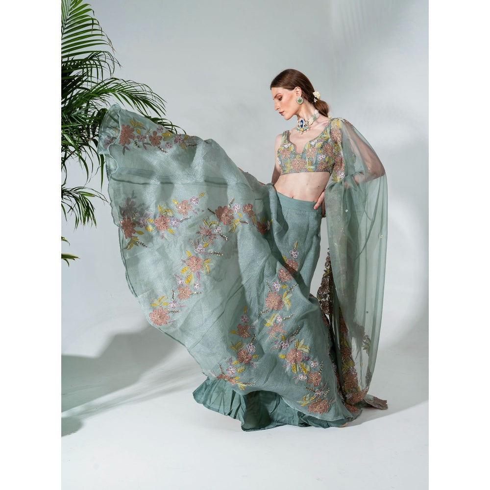Neha Khullar Green Organza Hand Embroidered Lehenga Blouse with Dupatta (Set of 3)