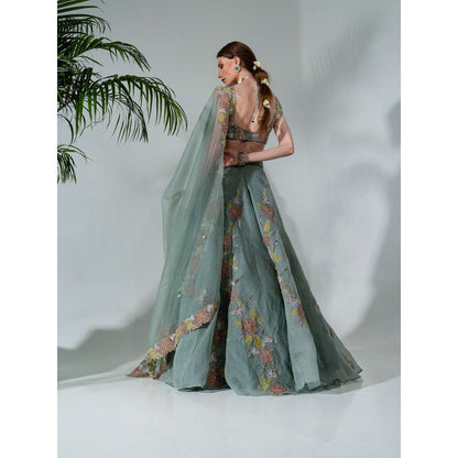 Neha Khullar Green Organza Hand Embroidered Lehenga Blouse with Dupatta (Set of 3)