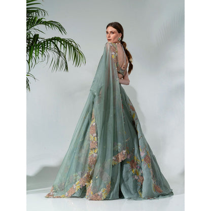 Neha Khullar Green Organza Hand Embroidered Lehenga Blouse with Dupatta (Set of 3)