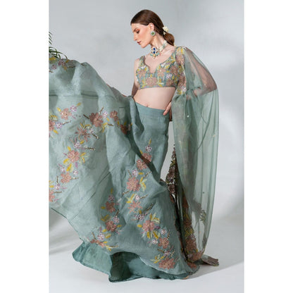 Neha Khullar Green Organza Hand Embroidered Lehenga Blouse with Dupatta (Set of 3)