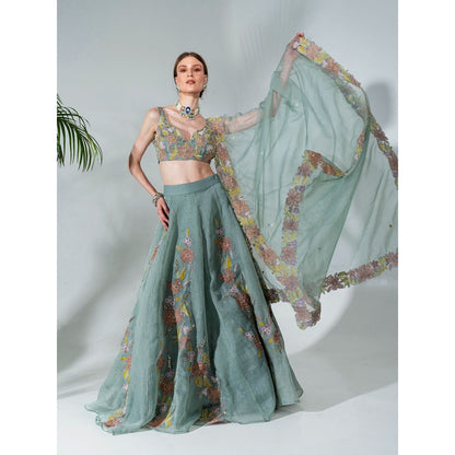 Neha Khullar Green Organza Hand Embroidered Lehenga Blouse with Dupatta (Set of 3)