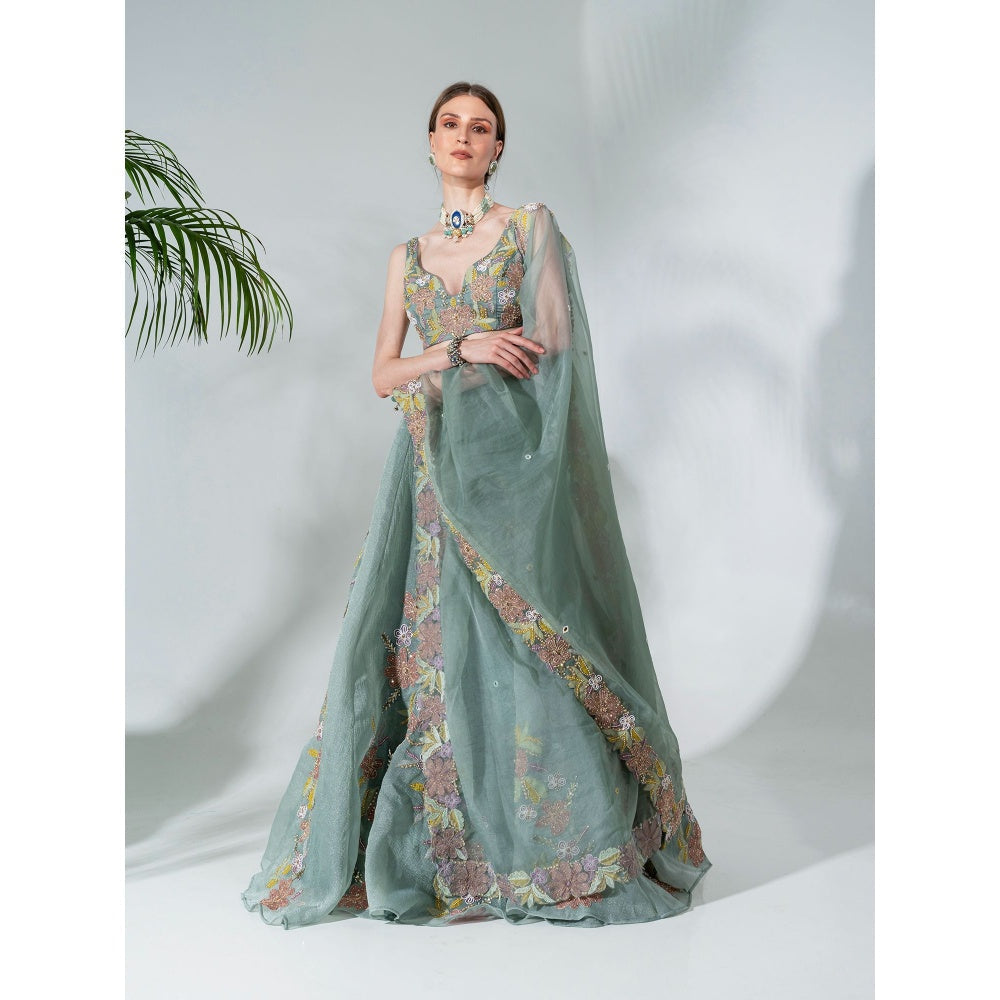 Neha Khullar Green Organza Hand Embroidered Lehenga Blouse with Dupatta (Set of 3)