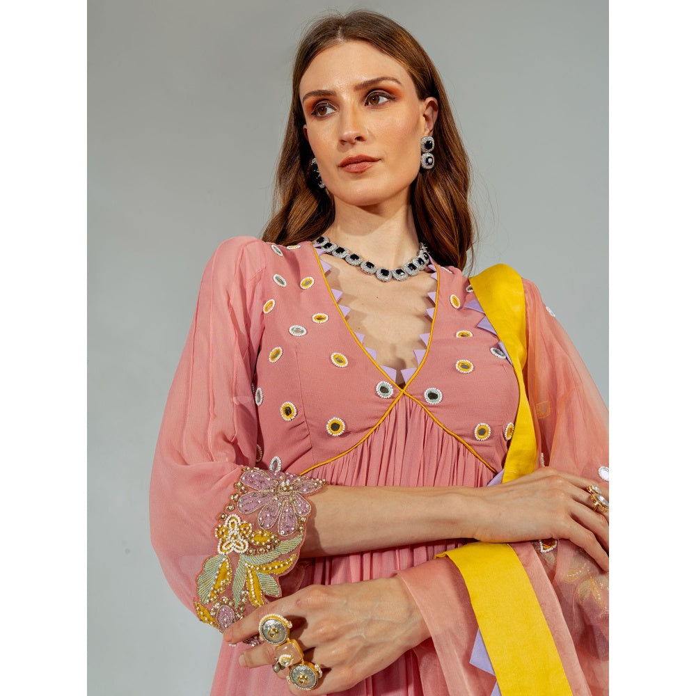 Neha Khullar Pink Georgette Organza Kurta Pant with Dupatta (Set of 3)