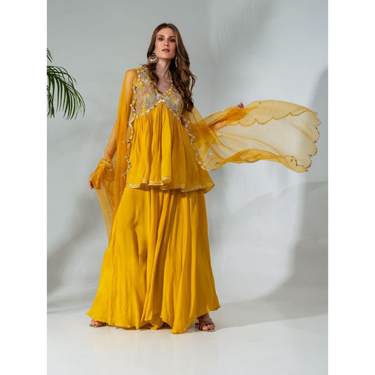 Neha Khullar Yellow Chiffon Kurti Sharara with Organza Dupatta (Set of 3)